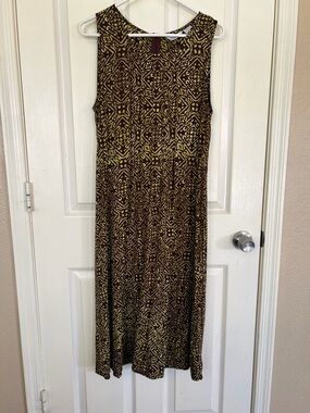 Vintage Wind River Rayon Midi Dress L | Brown Olive Geometric Print Sleeveless